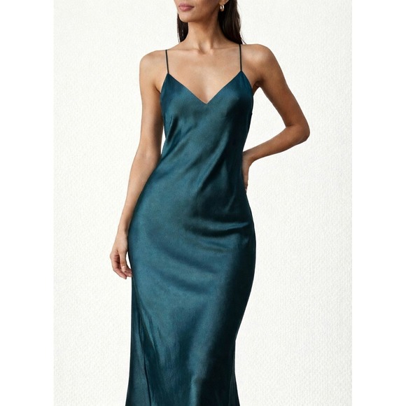 Zara Dresses & Skirts - Zara Satin Slip Dress Teal Green XS Criss Cross Back Spaghetti Strap Long